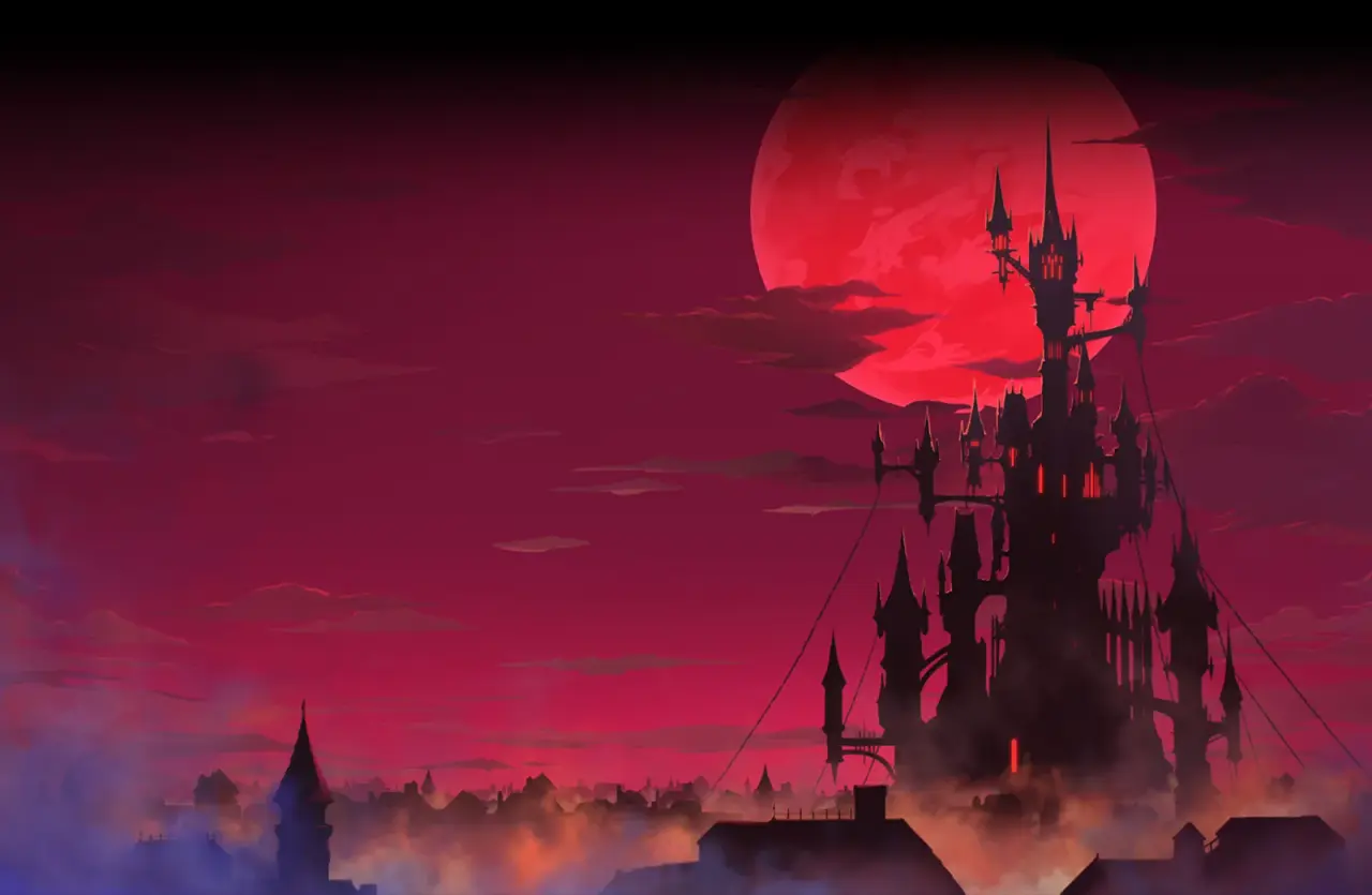 Dracula's Castle beneath a crimson moon above Paris