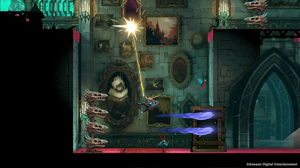 Rose swings above projectiles and hazards in a castle corridor