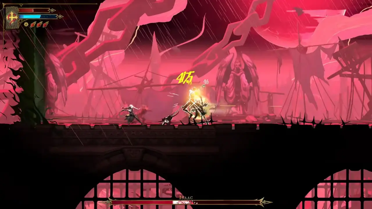 Rose facing Isaac on the stone bridge during the first fight
