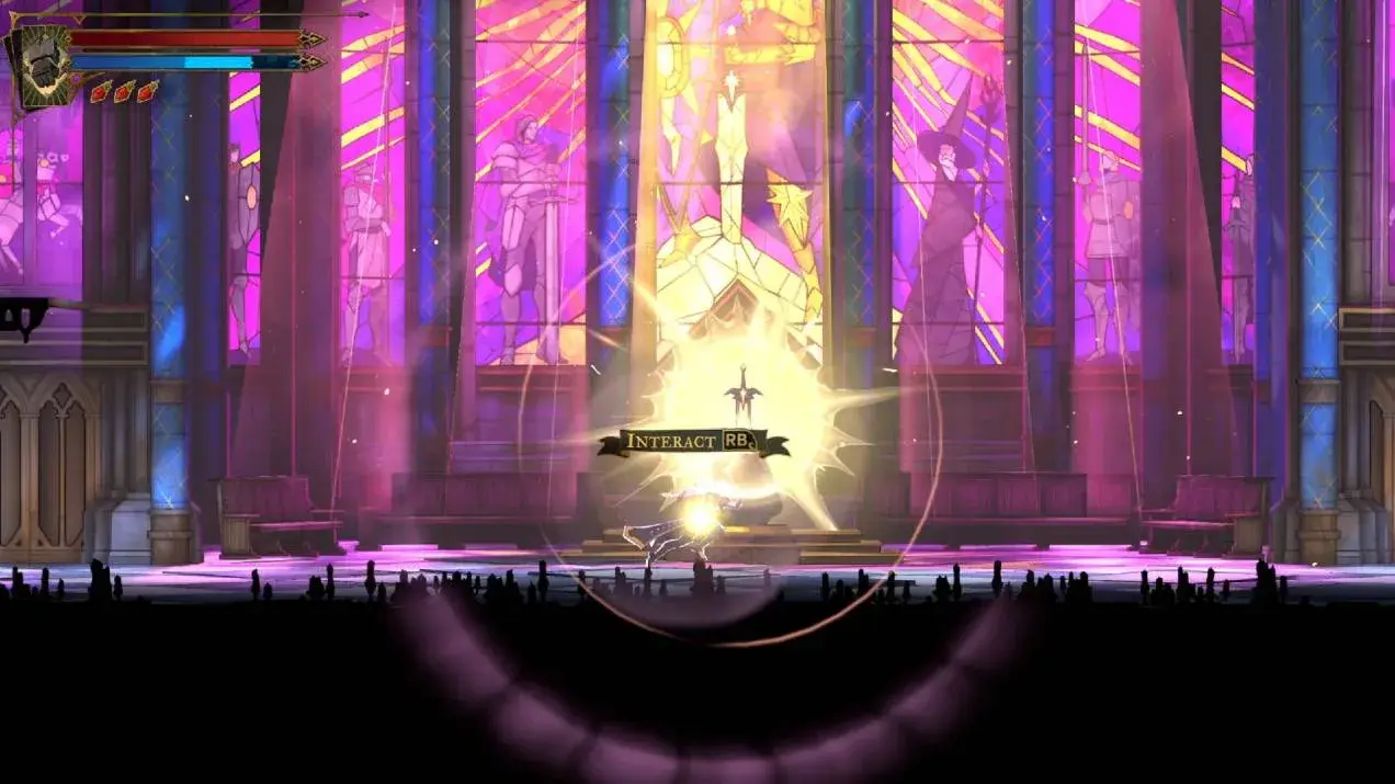 Rose beside the glowing sword in the Chapel, with an interaction prompt visible