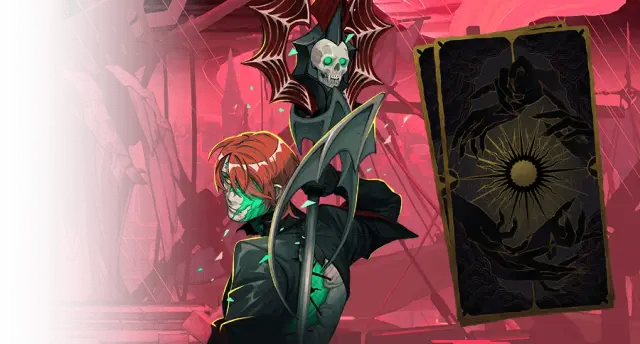 Isaac with his skeletal spear beside an Arcana card