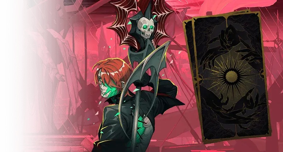 Isaac with his skeletal spear beside an Arcana card