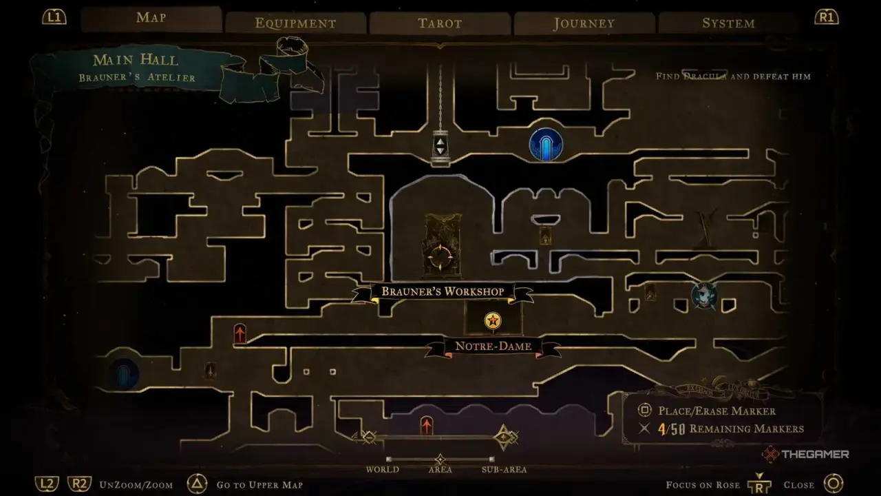 Main Hall map showing the route toward Notre-Dame from the painting area.