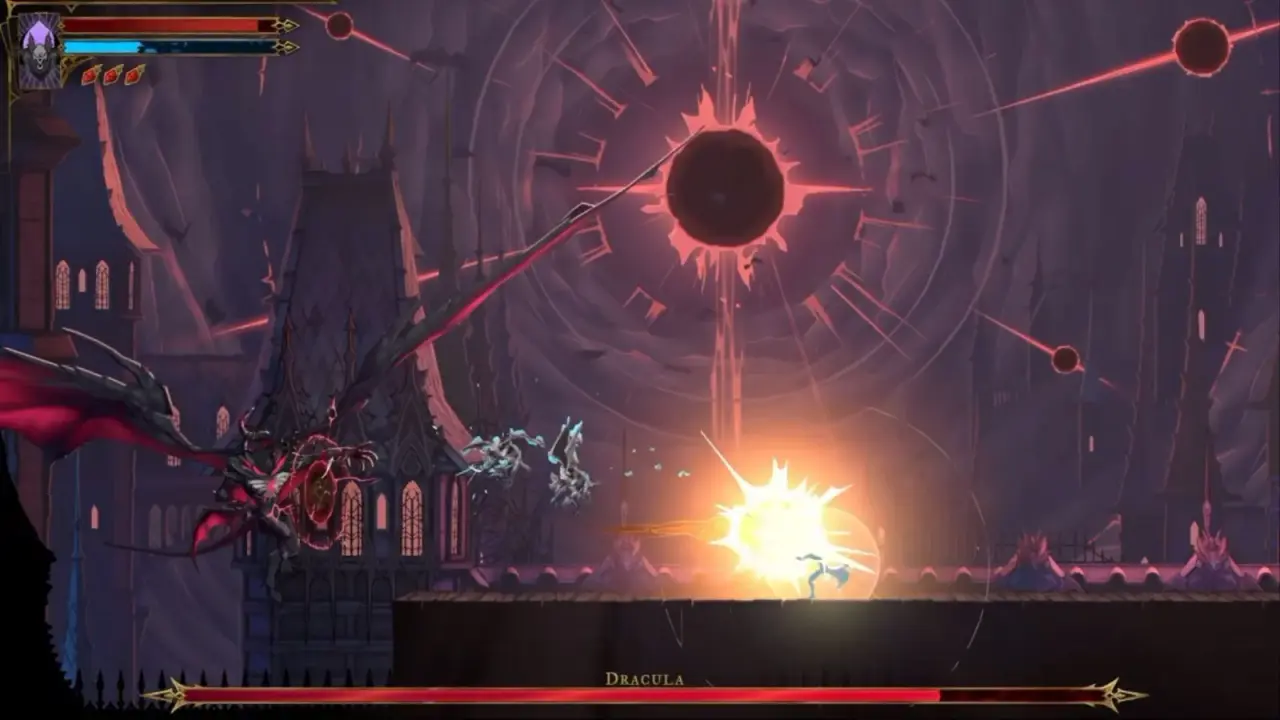 Winged Dracula facing Rose above the broken rooftop arena