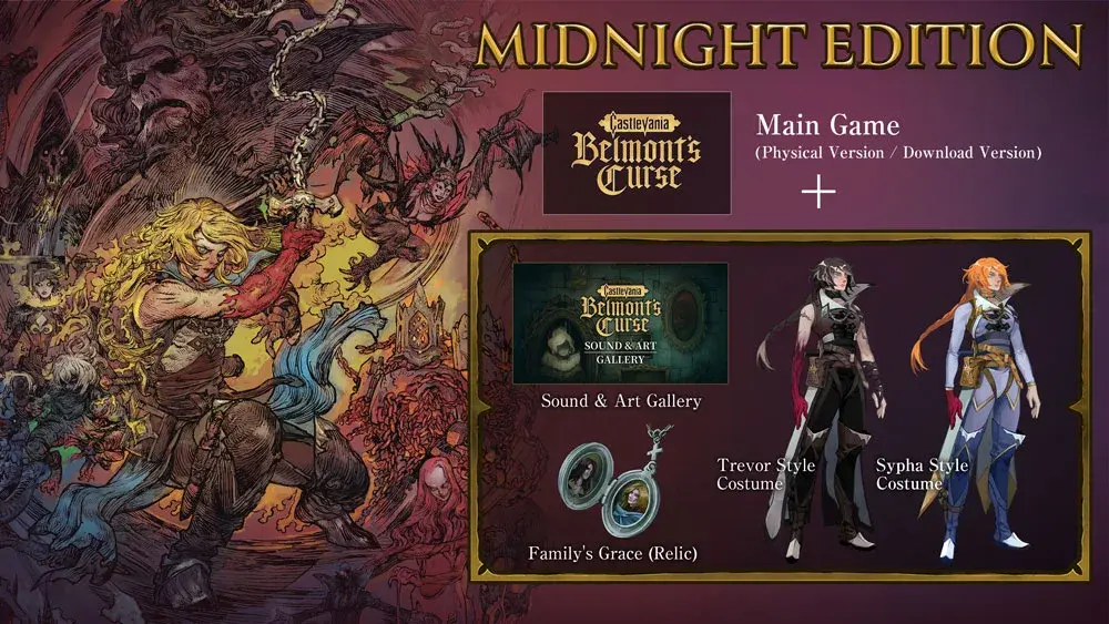 Midnight Edition contents showing Trevor and Sypha costume styles and the bonus Relic.