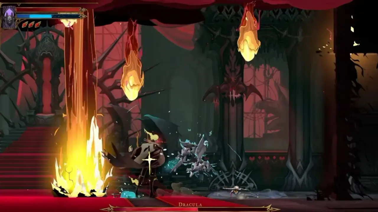 Rose fighting humanoid Dracula on the throne room carpet