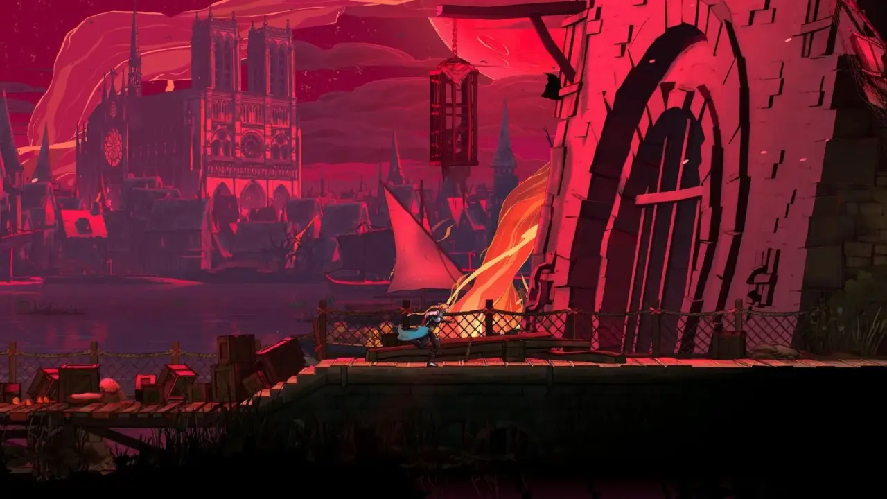 Rose runs beside a tower with Notre-Dame visible across the water