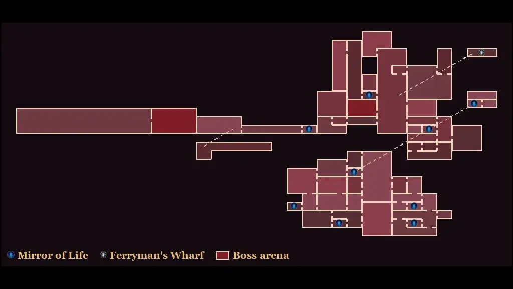 Main Hall regional map showing rooms, nine blue Mirrors of Life, a Ferryman marker and boss arenas