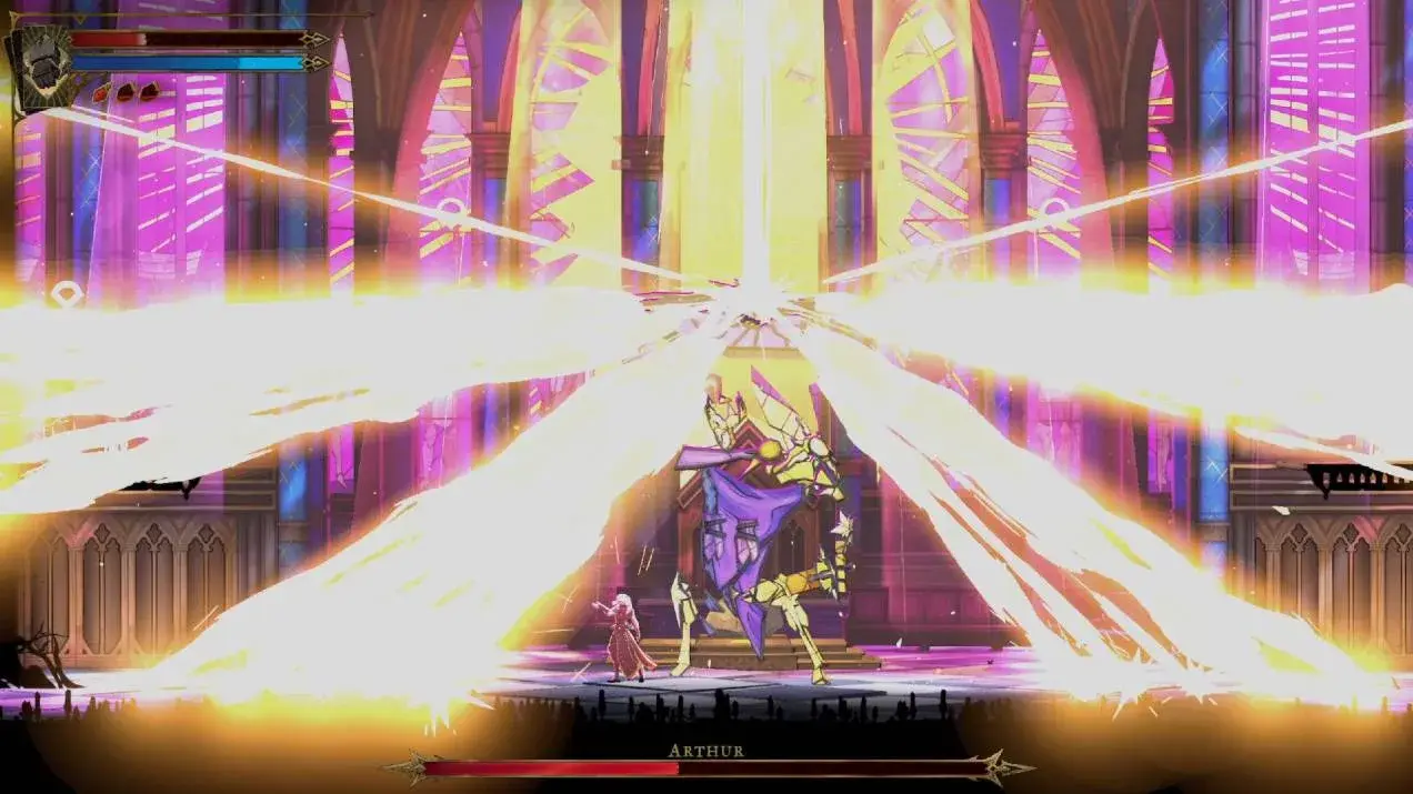 Arthur raises his shield as light beams cross the Chapel arena