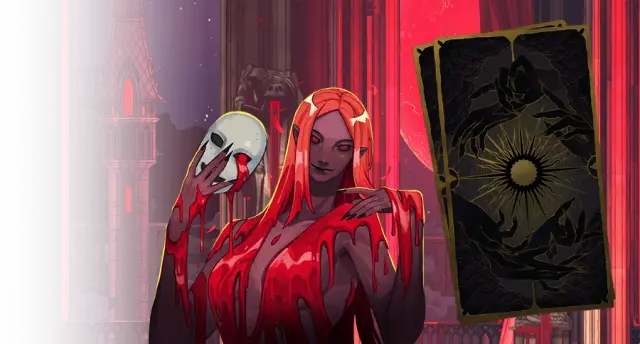 Carmilla holding a skull mask beside an Arcana card